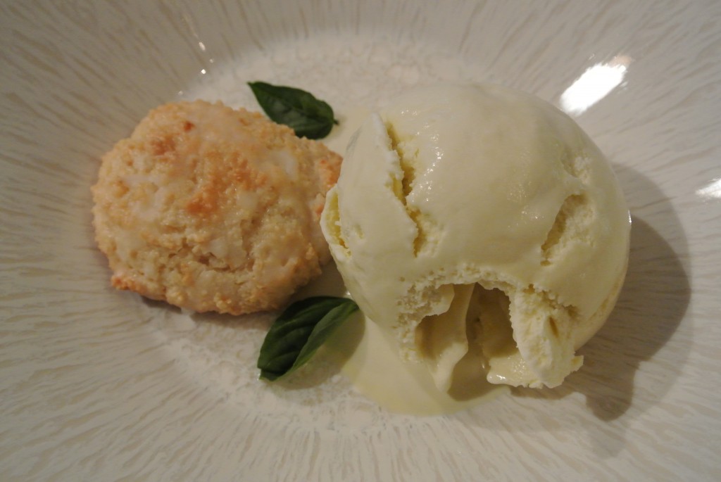 Basil ice cream served with rustic lemon macaroons.