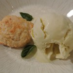 Basil ice cream served with rustic lemon macaroons.