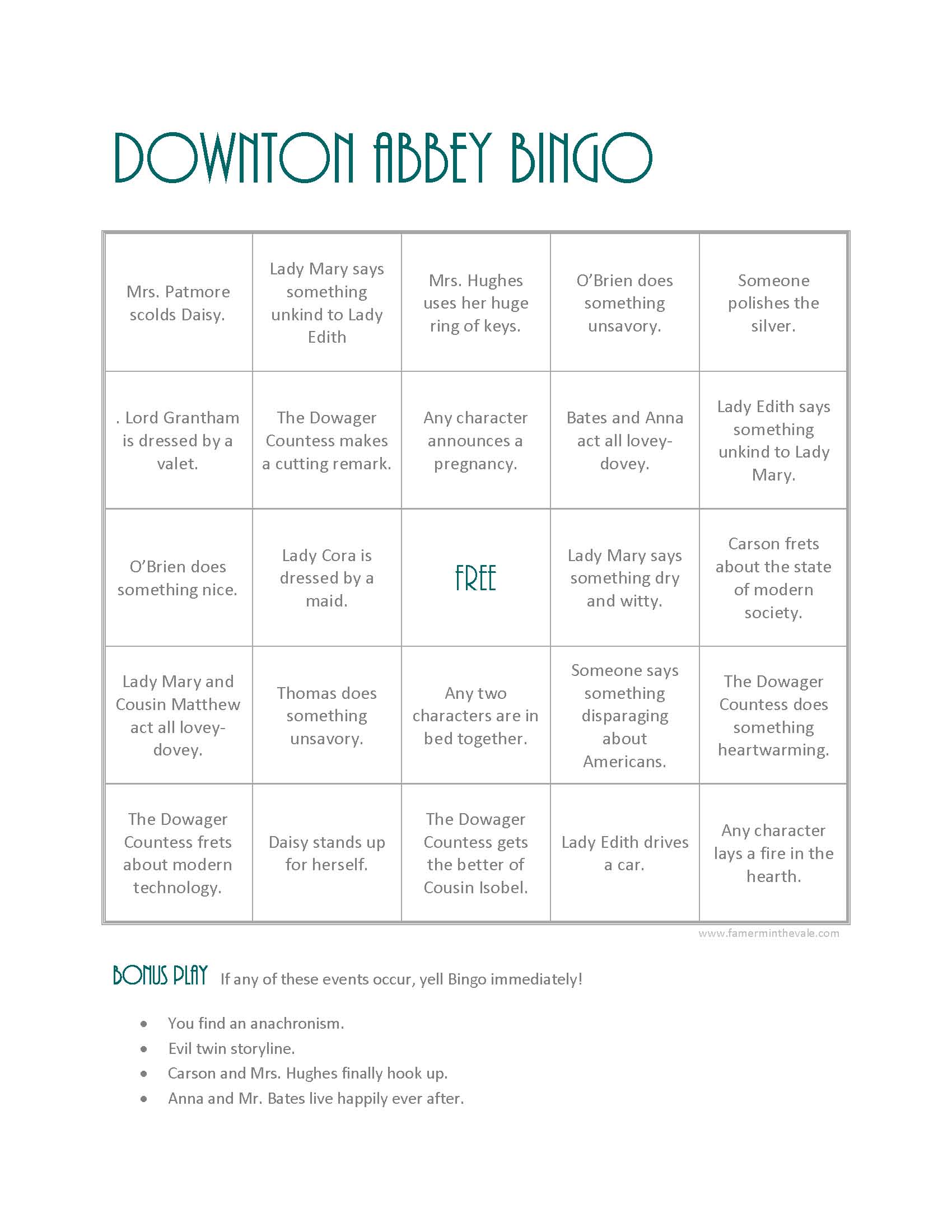 Downton Bingo from farmerinthevale